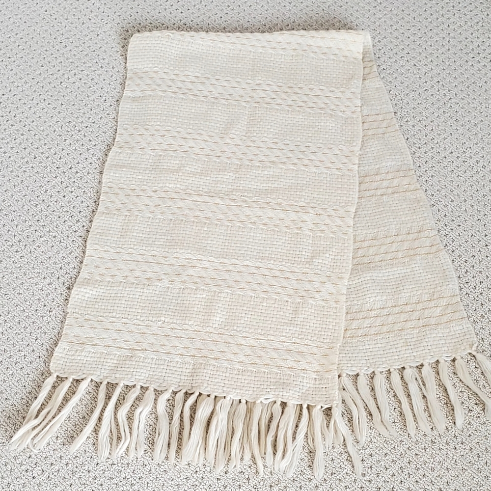 Vtg Made In France Ivory+Gold Wool Knit Weave Fringe Scarf 74" EUC